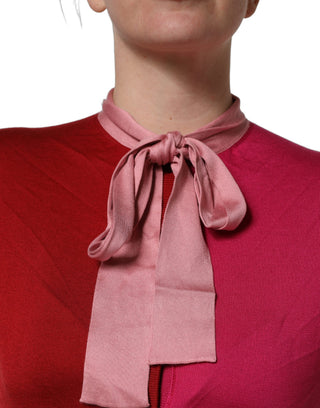 Pink Short Sleeves Buttoned Ascot Collar Top