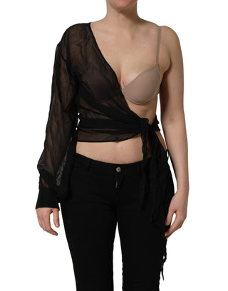 Black Wrap Sheer Chiffon One Shoulder Top