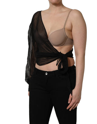 Black Wrap Sheer Chiffon One Shoulder Top