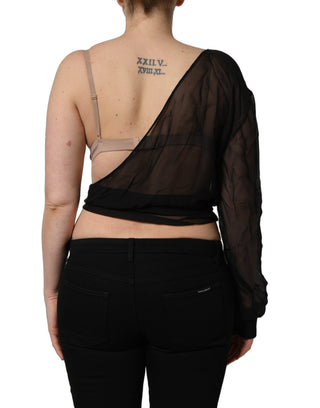 Black Wrap Sheer Chiffon One Shoulder Top