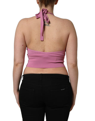 Pink Halter Neck Fitted Cropped Tank Top