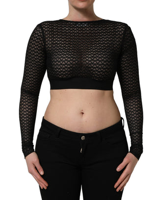 Top corto negro de malla de nylon con mangas largas