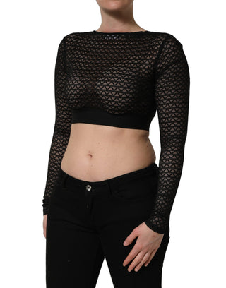 Top corto negro de malla de nylon con mangas largas