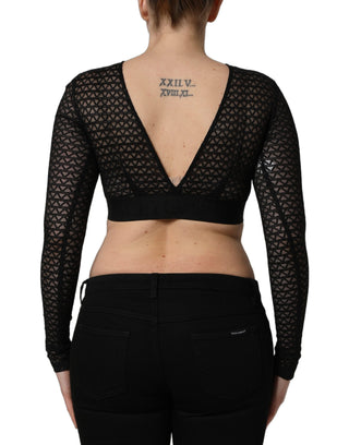 Top corto negro de malla de nylon con mangas largas