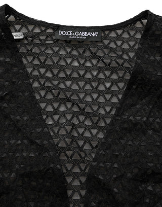 Top corto negro de malla de nylon con mangas largas