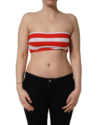 White Red Nylon Striped Ribbed Tube Crop Top
