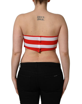White Red Nylon Striped Ribbed Tube Crop Top