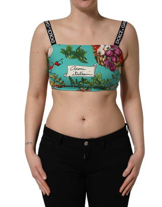 Turquoise Vegetable Print Silk Crop Tank Top