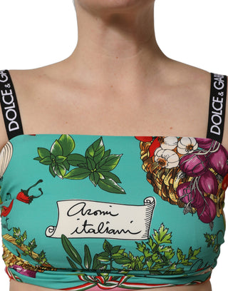 Turquoise Vegetable Print Silk Crop Tank Top