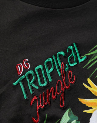 Black Tropical Jungle Round Neck T-shirt