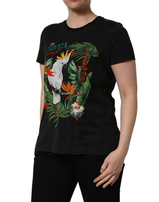 Black Tropical Jungle Round Neck T-shirt