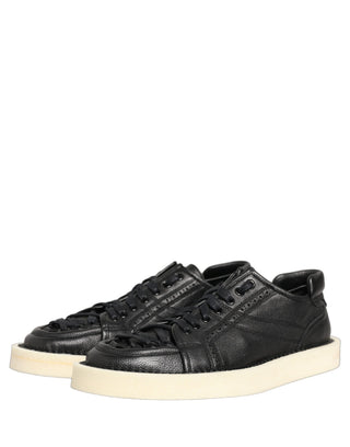 Black Leather Lace Up Low Top Sneakers Shoes