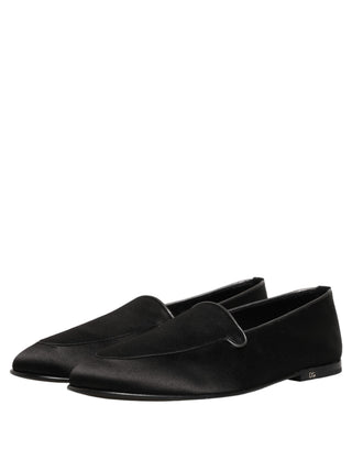 Black Satin Logo Slip On Flats Loafers Shoes