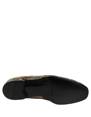 Gold Striped Sequin Embellished Loafer Shoes