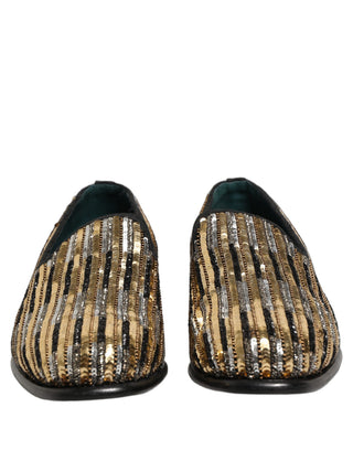 Gold Striped Sequin Embellished Loafer Shoes