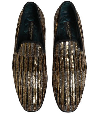 Gold Striped Sequin Embellished Loafer Shoes