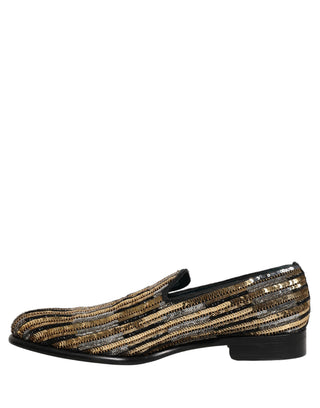 Gold Striped Sequin Embellished Loafer Shoes