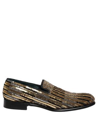 Gold Striped Sequin Embellished Loafer Shoes