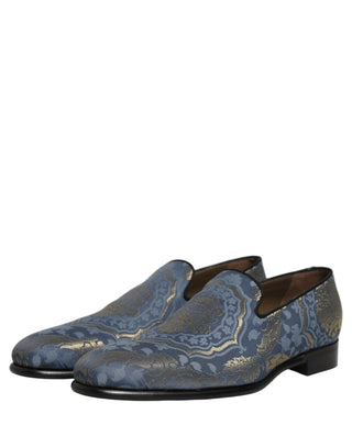 Blue Floral Brocade Slip On Loafers Shoes