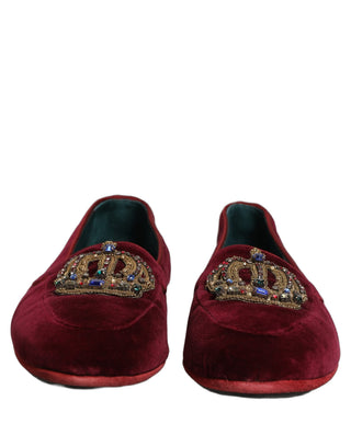 Burgundy Velvet Crown Slip On Loafers Shoes