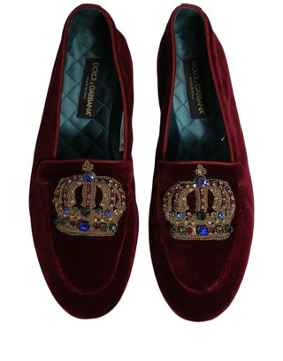 Burgundy Velvet Crown Slip On Loafers Shoes