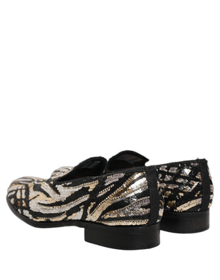 Gold Striped Sequin Embellished Loafer Shoes