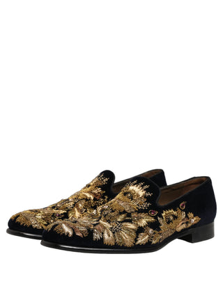 Black Gold Embroidery Dress Loafers Shoes