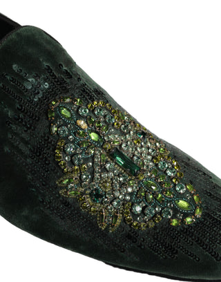 Green Velvet Embellished Dress Loafers Shoes