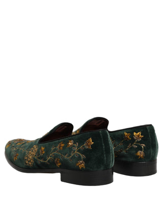 Green Floral Embroidery Dress Loafers Shoes