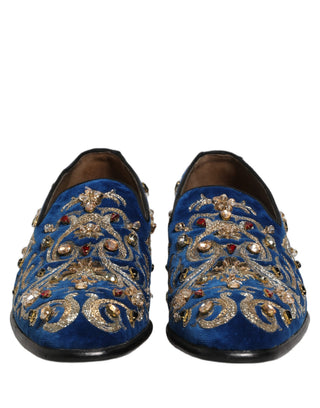 Blue Velvet Embellished Dress Loafers Shoes