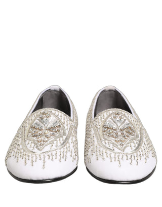 White Satin Embellished Dress Loafers Shoes
