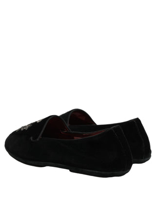 Black Velvet Crown Embroidery Loafers Shoes