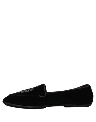 Black Velvet Crown Embroidery Loafers Shoes