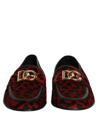 Red Leopard Print Pony Hair Dress Loafers Shoes