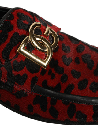 Red Leopard Print Pony Hair Dress Loafers Shoes
