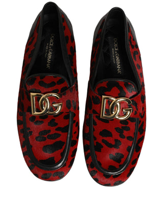 Red Leopard Print Pony Hair Dress Loafers Shoes