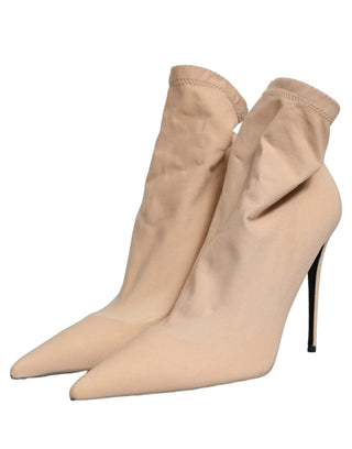 Beige Stretch Socks Heels Ankle Boots Shoes