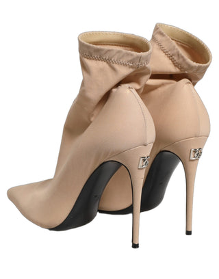 Beige Stretch Socks Heels Ankle Boots Shoes