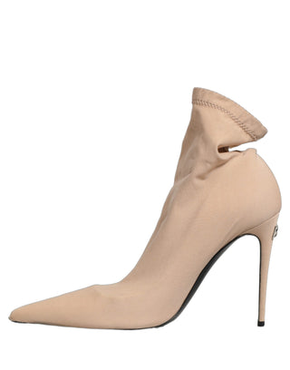 Beige Stretch Socks Heels Ankle Boots Shoes