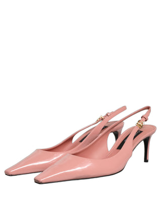 Pink Leather Mid Heels Slingbacks Shoes