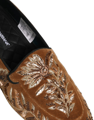 Brown Velvet Floral Embroidery Loafers Shoes