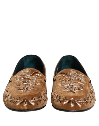 Brown Velvet Floral Embroidery Loafers Shoes