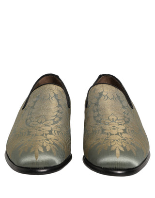 Gold Floral Jacquard Slip On Loafers Shoes