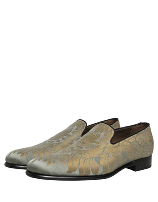 Gold Floral Jacquard Slip On Loafers Shoes