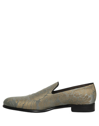 Gold Floral Jacquard Slip On Loafers Shoes