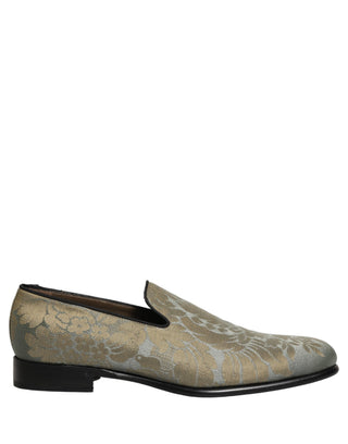 Gold Floral Jacquard Slip On Loafers Shoes