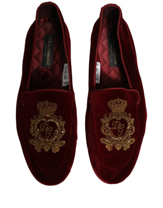 Maroon Velvet Crown Embroidery Loafers Shoes