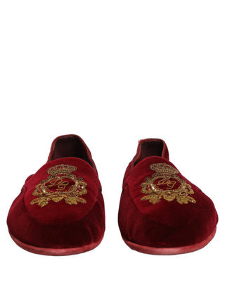 Maroon Velvet Crown Embroidery Loafers Shoes