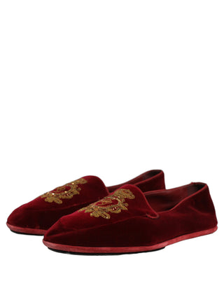 Maroon Velvet Crown Embroidery Loafers Shoes