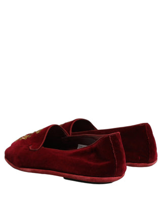 Maroon Velvet Crown Embroidery Loafers Shoes